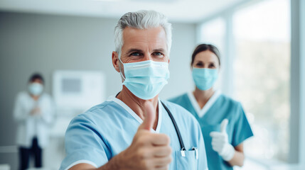 Fototapeta na wymiar Healthcare professional in the foreground giving a thumbs-up and wearing a surgical mask, with a colleague in the background doing the same, both in a clinical setting.