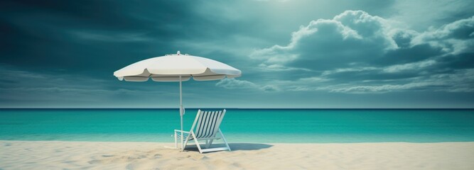 white chair by a sand beach and blue water under umbrella, in the style of panorama, dark turquoise...