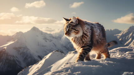 A cat in the mountains in sunny weather