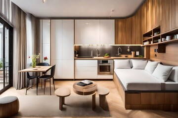 modern studio apartment, a haven of style and functionality. Envision a compact kitchen featuring a sleek wooden counter, offering a perfect blend of aesthetics and utility.