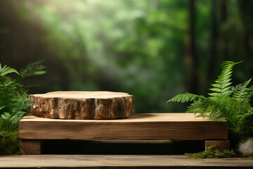 Rustic wooden platforms set against a forest scene background, natural and earthy for organic product displays. Ideal for eco-friendly product showcasing, generative ai,  generative , ai, 