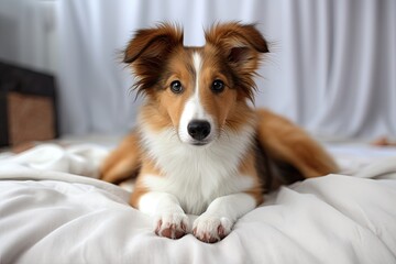Fluffy domestic collie dog lies on the bed in the bedroom. puppy looking at the camera.