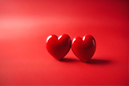 Photo of two red hearts against a red background, valentines Day concept