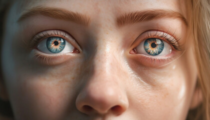 Fototapeta premium Cute blond girl with blue eyes smiling, looking at camera generated by AI