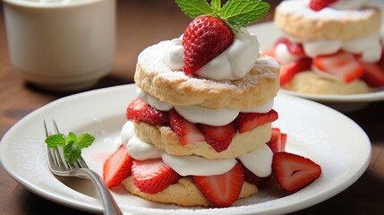 A stack of strawberry shortcakes with whipped cream and strawberries. Valentine's day desserts.