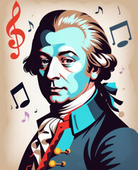 Minimalist Pop Art Portrait of Mozart with Musical Notes Gen AI