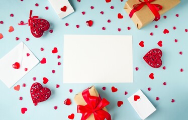 Blue background, flat lay for Valentine's Day holiday, copy space for text, holiday gifts frame,...