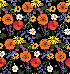 Flowers and leaves in vintage style, seamless pattern.