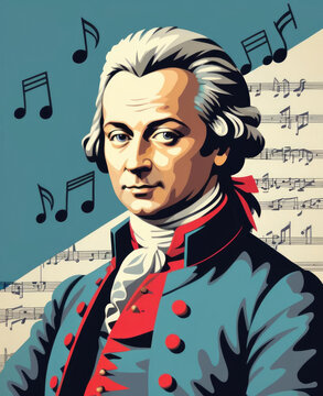 Pop Art Portrait of Mozart - Mid-shot depiction of the famous historical figure in flat pop art style with musical notes and simplified geometric shapes Gen AI