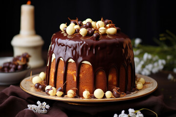 Homemade Easter Cake Kulich with a Rich Layer of Chocolate Ganache, Combining Traditional Flavors with a Decadent Twist, Easter Cake