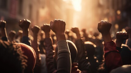 People raised fist air fighting for their rights  - obrazy, fototapety, plakaty