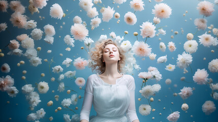 Portrait of a young woman surrounded by flying flowers. - obrazy, fototapety, plakaty