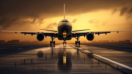 Fototapeta na wymiar sunrise at an airport with an airplane,