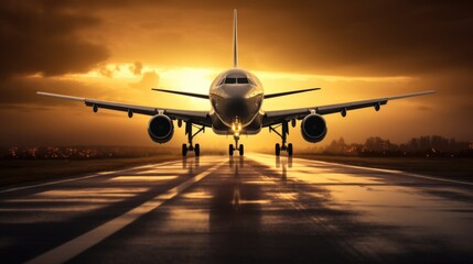 sunrise at an airport with an airplane,