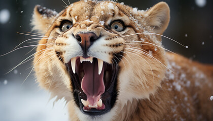 Furious tiger snarling, mouth open, looking at camera generated by AI - obrazy, fototapety, plakaty