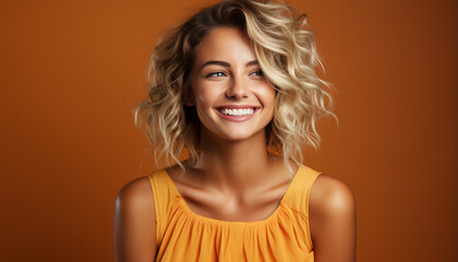 Smiling woman, young and confident, looking at camera with happiness generated by AI
