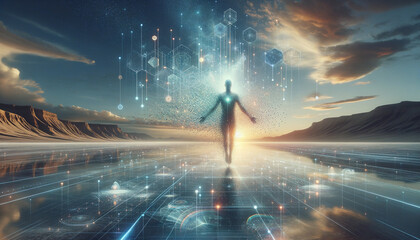 Surreal 3D Scanning: Glowing figure merges with dreamlike landscape in futuristic digital realm