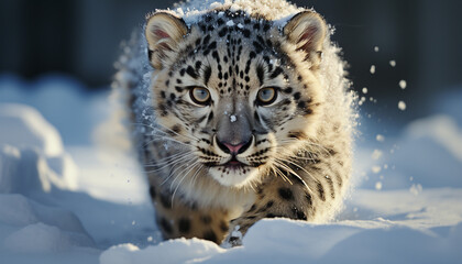 Fototapeta premium Majestic snow leopard staring, wild beauty in nature generated by AI