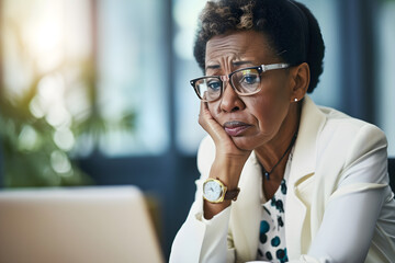 black senior businesswoman reacting to bad news in office - obrazy, fototapety, plakaty