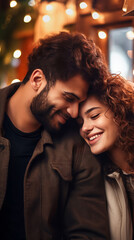 Multiethnic couple in love in winter clothing hugging in a tender moment. Date on Valentine's Day. Young woman and man in warm brown clothes closeup. Bokeh lights background.