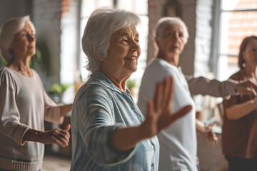 Candid capture of a joyful group of seniors showing vitality while dancing, highlights companionship and active lifestyle in retirement, reflecting the spirit of elderly