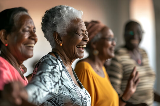 Candid capture of a joyful group of black seniors showing vitality while dancing, highlights companionship and active lifestyle in retirement, reflecting the spirit of elderly - Powered by Adobe