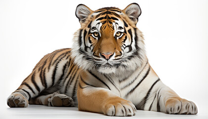 Obraz premium Majestic Bengal tiger staring, striped fur, on white background generated by AI