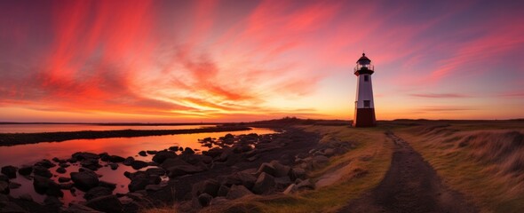  the light house stands in the middle of the beach during sunset,