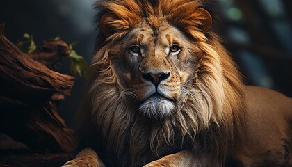 Fototapeta premium Majestic lion resting, staring, hiding in nature beauty generated by AI