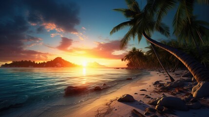 sunset on a deserted beach surrounded by palm trees and ocean