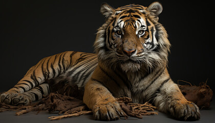 Fototapeta premium Majestic Bengal tiger, fierce hunter, staring with focused aggression generated by AI