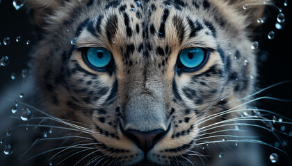 Cute feline kitten staring, wet fur, blue eyes, dangerous beauty generated by AI
