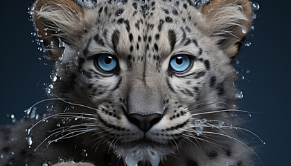 Majestic snow leopard staring, beauty in nature dangerous winter forest generated by AI