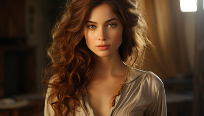 Fototapeta premium Beautiful woman with long brown hair, looking at camera confidently generated by AI