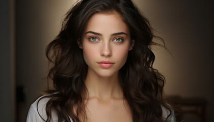 Naklejka premium Beautiful woman with long brown hair, looking at camera, smiling generated by AI