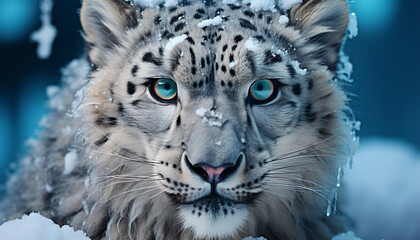 Obraz premium Snow leopard staring, majestic beauty in nature, snowing, wilderness area generated by AI