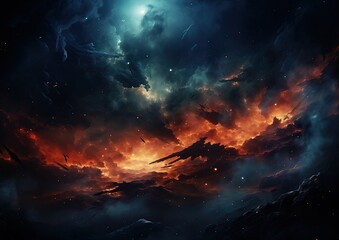 A celestial space scene, featuring a nebula of blue and orange gradients, lit by distant stars.