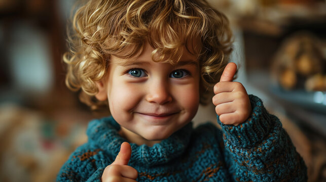 Happy smiling child with thumb up. The concept of good luck and good mood