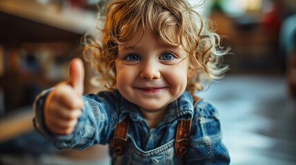 Happy smiling child with thumb up. The concept of good luck and good mood - obrazy, fototapety, plakaty