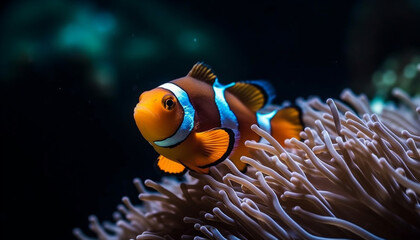 Naklejka na ściany i meble Clown fish swimming in vibrant blue reef, underwater beauty captured generated by AI