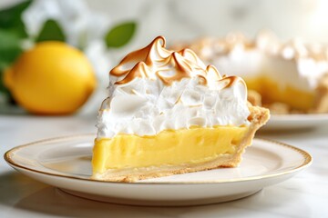 Delicious Slice of Lemon Meringue Pie in a White Kitchen - obrazy, fototapety, plakaty