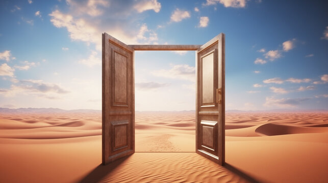 Opened door on desert. Unknown and start up concept Generative Ai