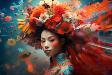floral woman digital portrait, Ethereal female Art, An eye catching surreal young woman surround by vibrant colorful flowers and abstract designs, Creative fantasy girls and flowers wallpaper concept - obrazy, fototapety, plakaty