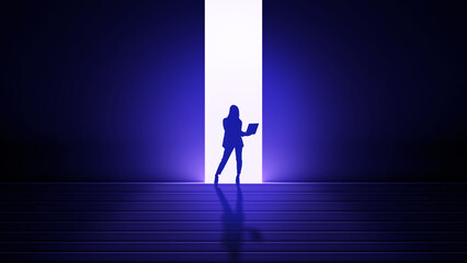 Business woman silhouette. Investor girl in dark. Businesswoman is standing on stairs. Woman leader emerges from tunnel. Businesswoman stands with computer in hands. Leadership and ambition concept