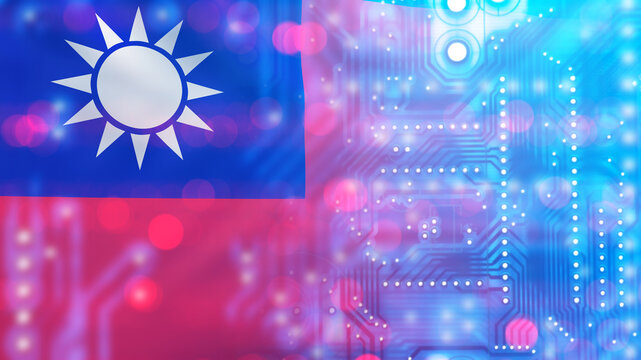 Microchips with Taiwan flag. Semiconductor production. Digital board. Computer chip. Development of microchips. PCB made in Taiwan. Computer industry. Manufacturing microchips in Taiwan. 3d image
