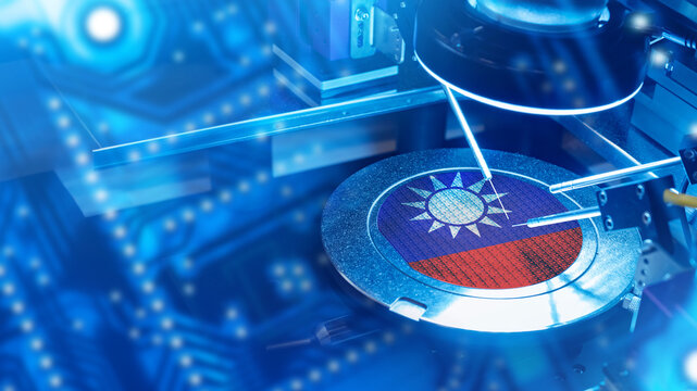 Microprocessor with Taiwan flag. Semiconductor production. Microprocessor manufacturing machine. Manufacturing of digital circuit boards in Taiwan. PCB manufacturing. Taiwan semiconductor industry