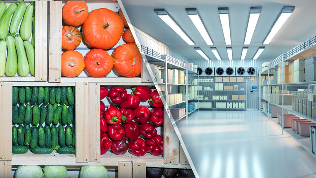 Warehouse refrigerator vegetables. Pumpkins and cucumbers in wooden boxes. Supermarket warehouse refrigerator. Cooling chamber with boxes on shelves. Warehouse refrigerator for storing vegetables