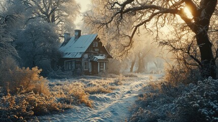 Winter landscape, beautiful snowy landscape in sunny weather in a village outside the city, Russian frosty winter - obrazy, fototapety, plakaty