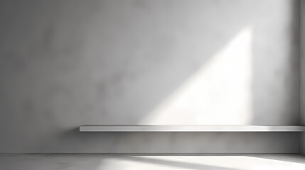Minimal abstract light gray background for product display. Shadow and light from window on plaster wall.