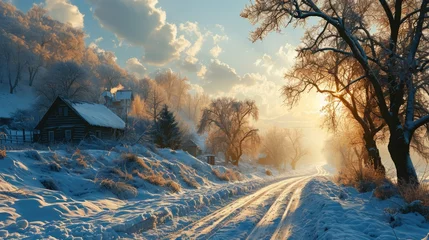 Tuinposter Winter landscape, beautiful snowy landscape in sunny weather in a village outside the city, Russian frosty winter © Gizmo